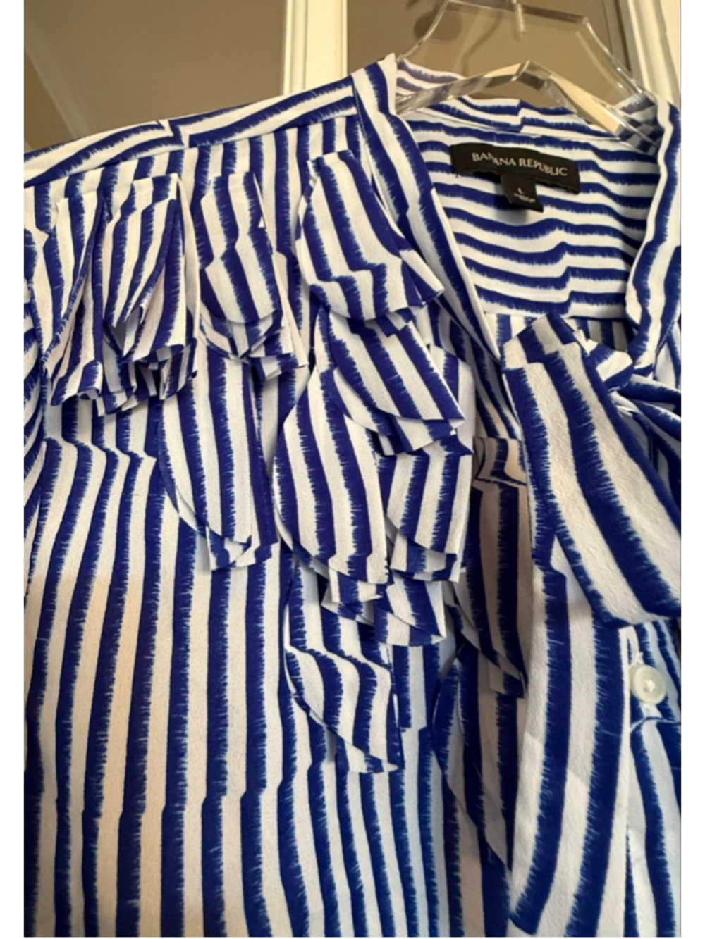 Banana Republic L Blue White Striped Ruffle Blouse - Picture 3 of 12